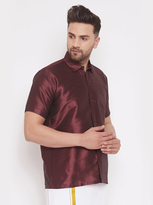 Men's Wine Silk Blend Ethnic Shirt